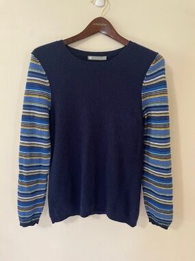 InCashmere Navy Blue Crewneck Sweater with Multicolor Striped Sleeves